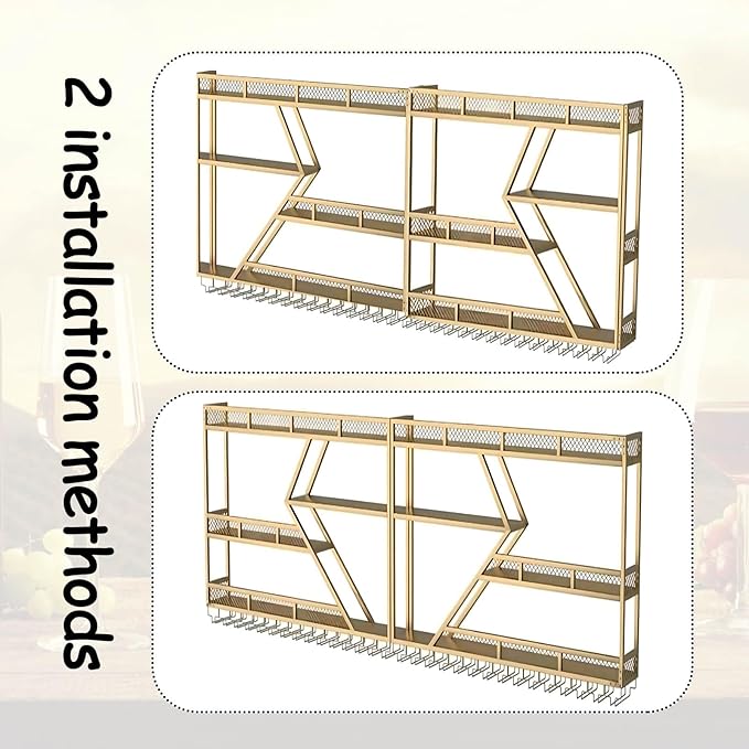 Wall Mounted Wine Rack, Large Metal Wine Bottle Holder, Modern Fashion Diamond Shaped Floating Bar Unit Wine Storage Shelves, for Home Restaurant Bars Decor (Gold, 3 Tier - 79in)