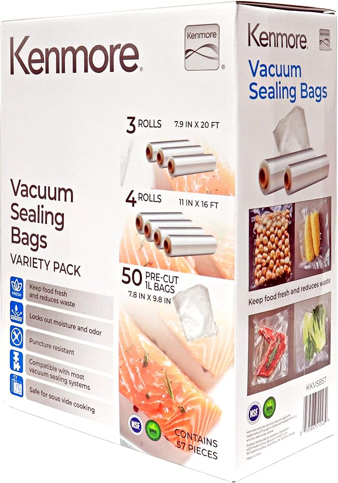 Kenmore Vacuum Sealer Bags - Food Sealing Plastic Rolls 3-8x10, 4-8x20, 11x16 size bolsas, Airtight Packaging Fresh Vegetable, Sous Vide & Meat Storage For Travel, BPA Free Heavy Duty Precut Bags