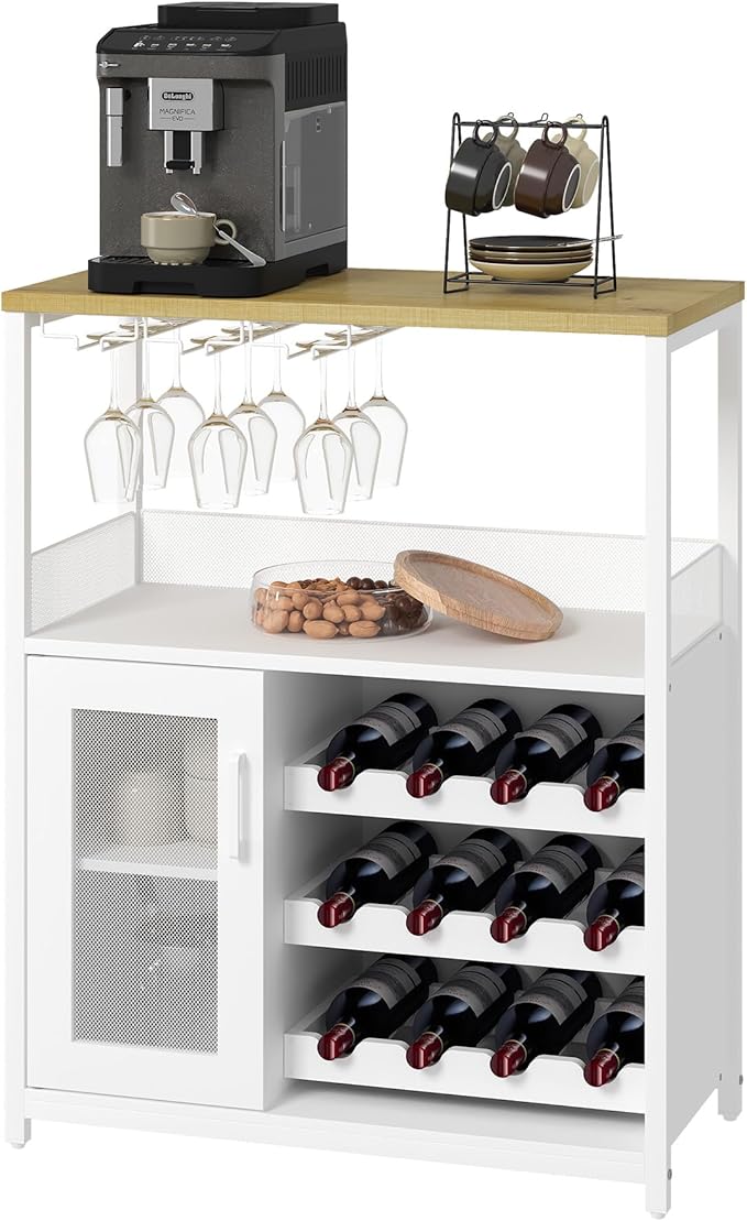 Vintage Industrial Wine Bar Cabinet with Adjustable Wine Racks and Glass Holders, Mesh Door Sideboard Storage Cabinet for Living Room, Kitchen, Dining Room, Compact Design, Easy Assembly,White