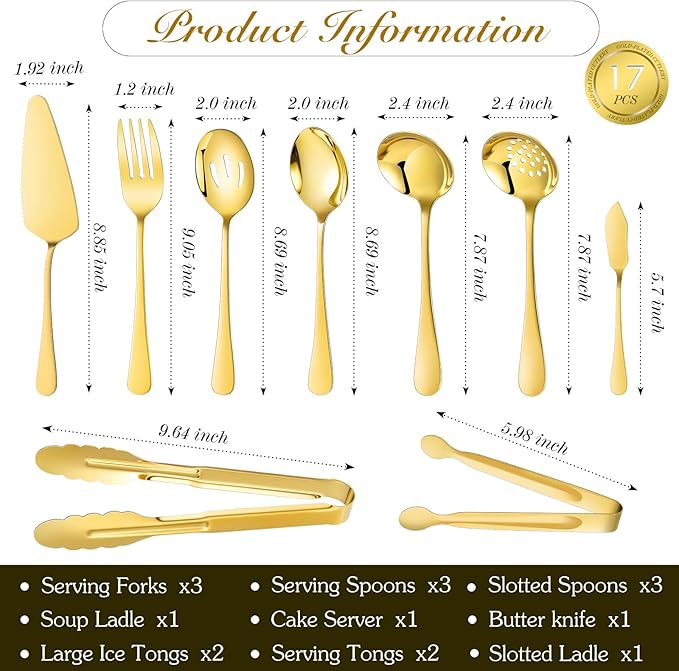 Mwellewm 17Pcs Serving Utensils, Gold Stainless Steel Large Serving Spoons, Slotted Spoon, Fork, Tongs, Cake Pie Server, Soup Spoon, Metal Buffet Banquet Cutlery Set for Parties Entertaining Catering