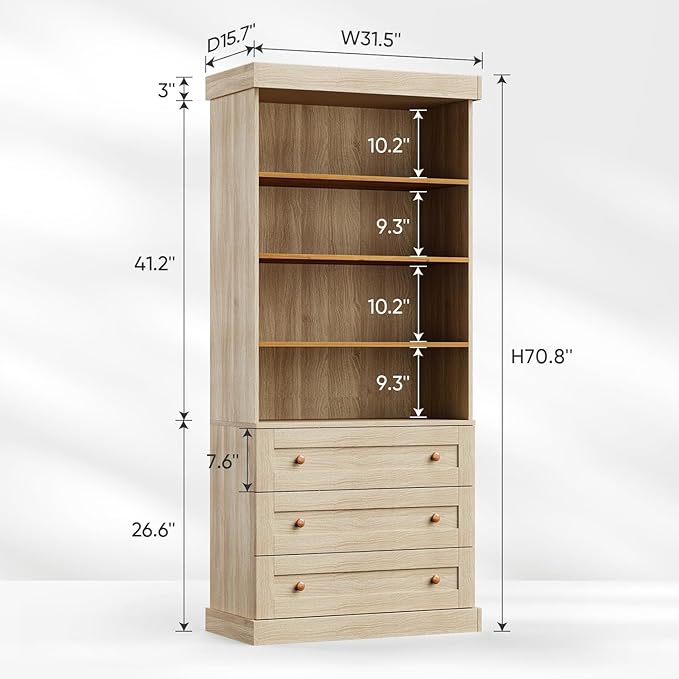 71" Tall Farmhouse Kitchen Pantry, Large Storage Cabinet with Adjustable Shelves and 3 Drawers, Wood Versatile Hutch for Dining Room and Living Room, Brown 4 PCS