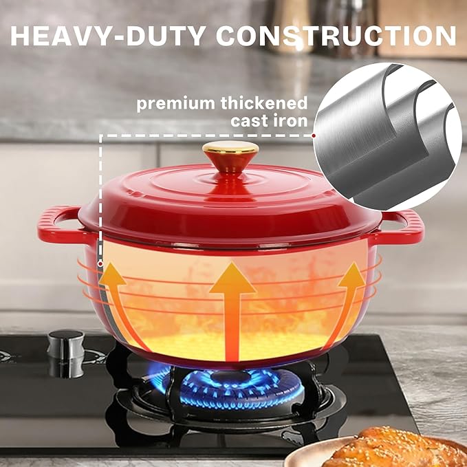 Bonnlo 5QT Round Dutch Oven, Enameled Cast Iron Dutch Oven Pot with Lid & Dual Handles, Oven Safe Up to 500째 F, for Sourdough, Bread Baking, Stews and Roasting, Red