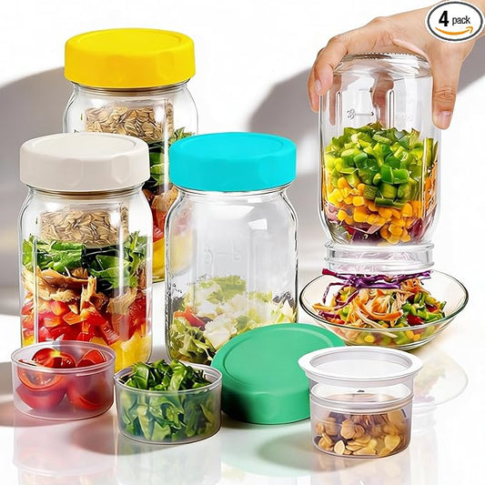 4PCS Salad Jars with 2 Built-in Dressing Containers, 32Oz Cold-resistant Leak-proof Meal Prep Containers, Glass Mason Jars For Storing Salad, Honey, Soybeans, etc. (Color mixing)