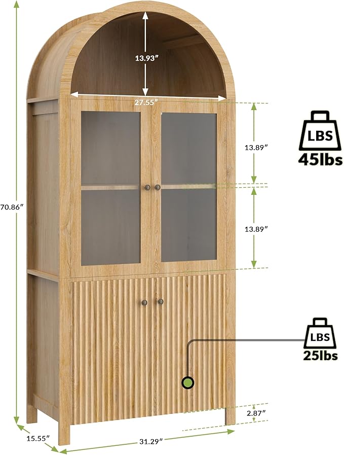 LINLUX Tall Arched Cabinet, 71??Versatile Modern Farmhouse Flute Pantry with 2 Tier Adjustable Shelves for Kitchen, Dining Room, Bathroom Anti-Tipping Device, Natural Wood