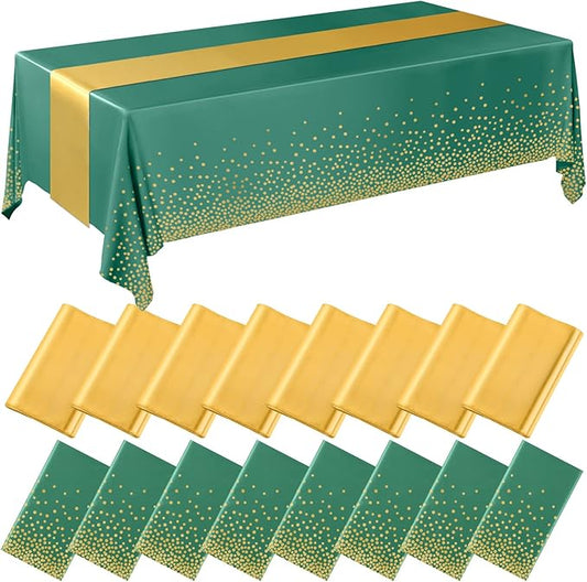Tudomro 16 Pcs Green and Gold Disposable Plastic Tablecloths and Satin Table Runner Set 54x108 Inch Tablecloth 12x108 Inch Table Runners for New Year Wedding Birthday Baby Shower Graduation