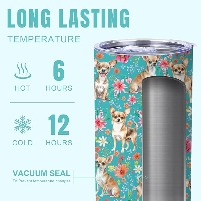 Yogusut Chihuahua Gifts for Women, 20oz Stainless Steel Insulated Tumbler Travel Mug Cup with Lid Straw Brush, Gifts for Dog Mom Dog Lover