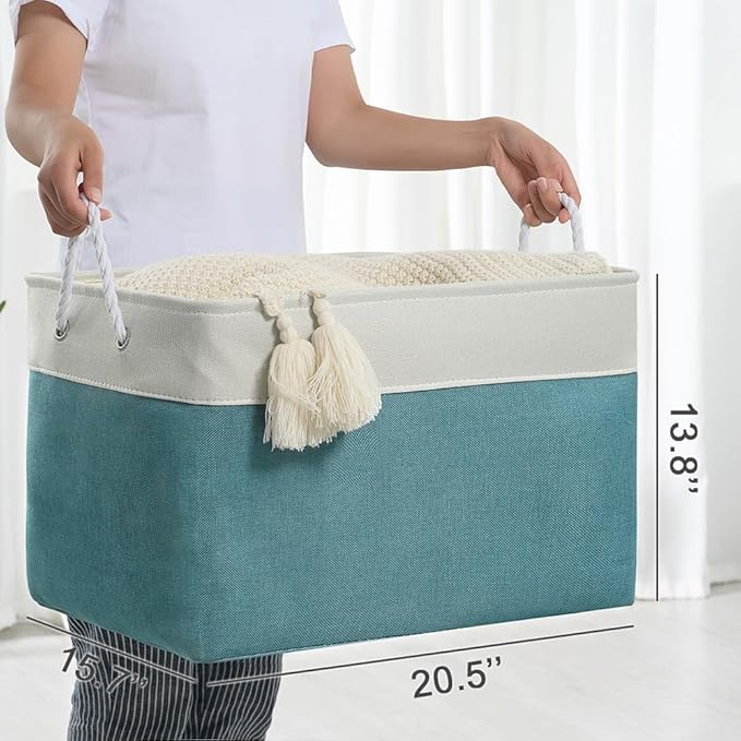 TheWarmHome Storage Bin for Shelves - Extra Jumbo 3 Pack 20.5L횞15.7W횞13.8H Storage Basket for Organizing, Fabrin Storage cubes with Drawstring Cover for Living Room Bedroom Decor Closet竊늋hite & Green