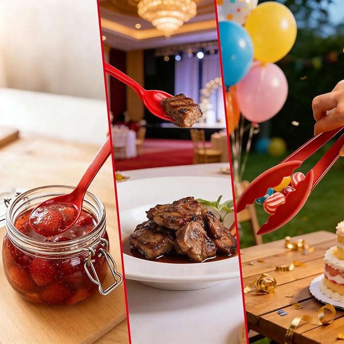 Reusable Serving Utensils Set 24 Pcs - 8 Heavy Duty Plastic Tongs, 8 Spoons & 8 Forks | Dishwasher Safe Buffet & Party Supplies for Wedding, Catering, Holidays