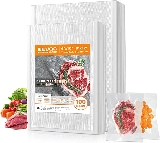 Wevac Vacuum Sealer Bags ??100 Count (6?냉?0??& 8?냉?2??, Heavy-Duty BPA-Free Food Storage Bags, Puncture-Resistant, Freezer & Sous Vide Safe, Compatible with All Vacuum Sealers