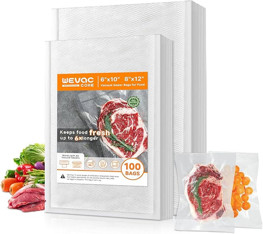 Wevac Vacuum Sealer Bags ??100 Count (6?냉?0??& 8?냉?2??, Heavy-Duty BPA-Free Food Storage Bags, Puncture-Resistant, Freezer & Sous Vide Safe, Compatible with All Vacuum Sealers
