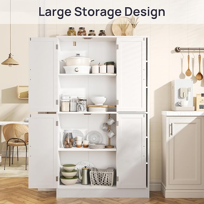 63" Tall White Kitchen Pantry, Freestanding Storage Cabinet with 4 Doors, Adjustable Shelves for Dining Room, Laundry Room
