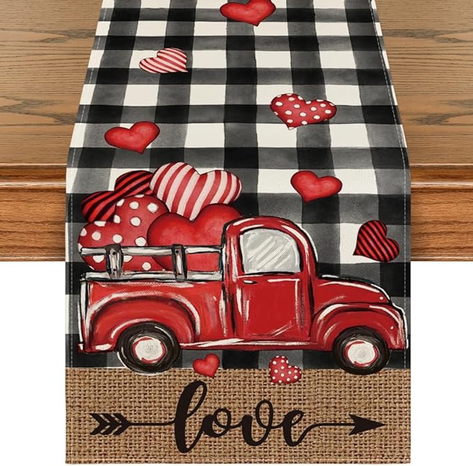 Artoid Mode Watercolor Buffalo Plaid Hearts Truck Love Valentine's Day Table Runner, Anniversary Wedding Kitchen Dining Table Decoration for Indoor Outdoor Home Decor 13 x 72 Inch