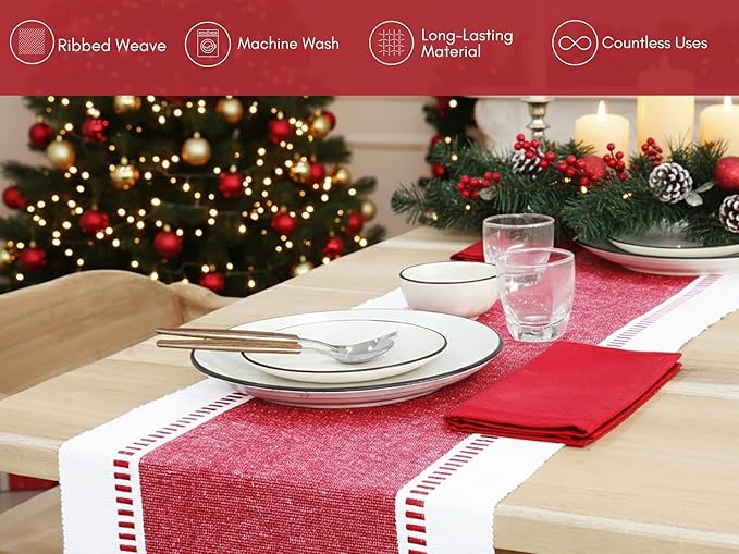 PurpleEssences Table Runner - Wide with Dobby Stripe, Heavy Ribbed Weave & Double Knot Fringes, 14x90 Inch (14x95.5 with Fringes) Boho Farmhouse Decor - Christmas Holiday Winter - Red and White