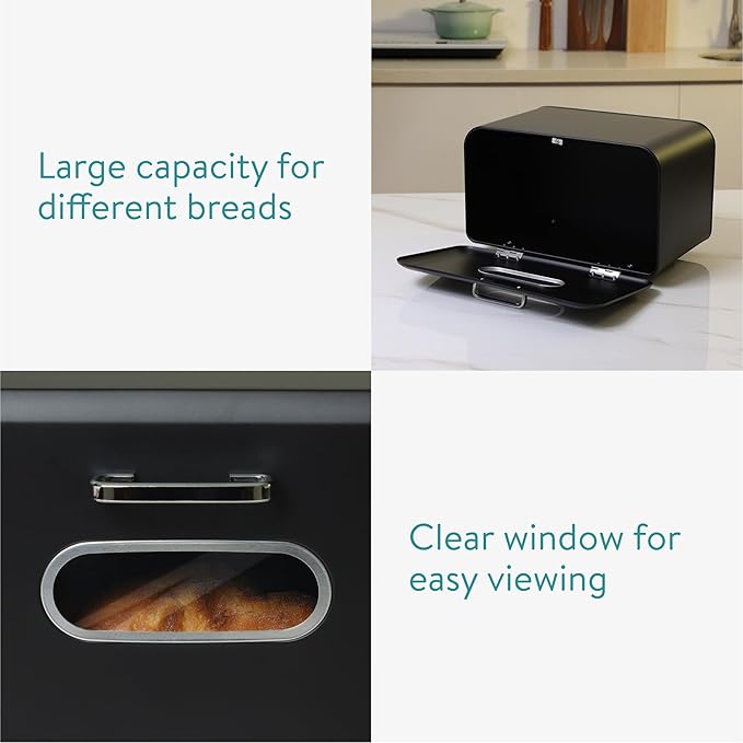 Navaris Metal Bread Box for Kitchen Countertop - Ventilated Vintage Food Storage Container, Holder for Homemade Bread, Spices, Coffee, Organizer for Cabinet with Window, Black