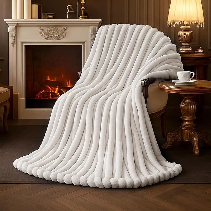 Am챕lie Home Faux Fur Throw Blanket for Couch, Cozy Fuzzy Fluffy Fur Luxurious Soft Striped Plush Gift Blankets for Family Sofa Chair Bedroom, 55"x70", Ivory