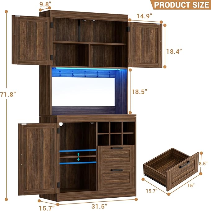 Unikito 72" Tall Kitchen Pantry Cabinet with LED Light & Outlet, Kitchen Hutch Coffee Bar with Microwave Stand, Wine Rack, Drawers and Storage Shelves, Cupboard for Dining Room, Weathered Brown
