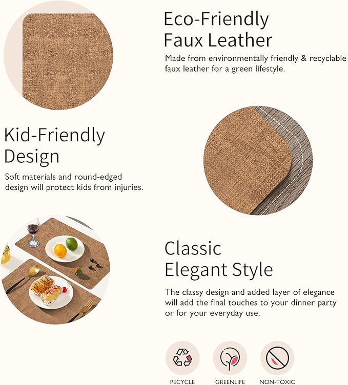 Maxpearl Faux Leather Placemats Set of 4 - Waterproof - Wipe Clean - Heat Resistant - Anti Slip Dining Table Place Mats, Suitable for Indoor & Outdoor Use, 17?쇺쇒?2?쇺? Brown