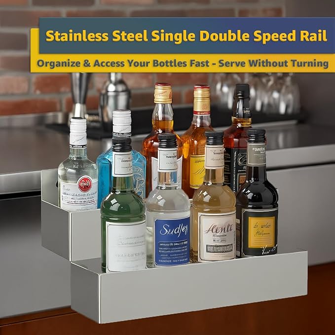 42" Stainless Steel Double Tier Speed Rail, Restaurant Bottle Holder, Liquor Rack, Drink Rail Shelf, Bar Organizer for Sauce, Syrup, Spice