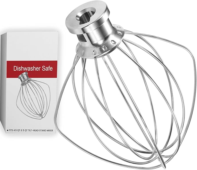 NewlyArt K45WW Dishwasher Safe Whisk 6-Wire Whip Attachment Fits 4.5 5 Quart KitchenAid Tilt-Head Stand Mixer, Stainless Steel Whisk Accessories for Kitchen Aid K45,K45SS,KSM75,KSM90,KSM110,KSM150