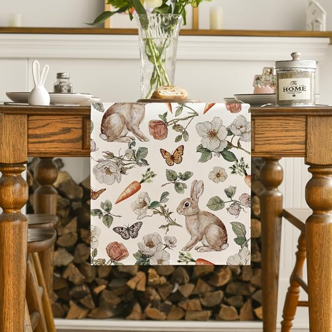 Artoid Mode Bunny Carrots Flower 210 GSM Easter Table Runner, Seasonal Spring Kitchen Dining Table Decoration for Home Party Decor 13x60 Inch