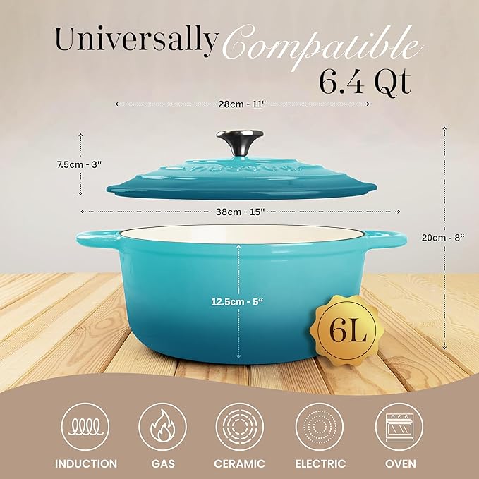 Nuovva Enamelled Cast Iron Dutch Oven Pot with Lid ??6.4 Quart Non Stick Casserole Pot ??Heavy Duty & Oven Safe up to 500째 F for Bread Baking, Braising, Stews, Roasting ??28cm Teal