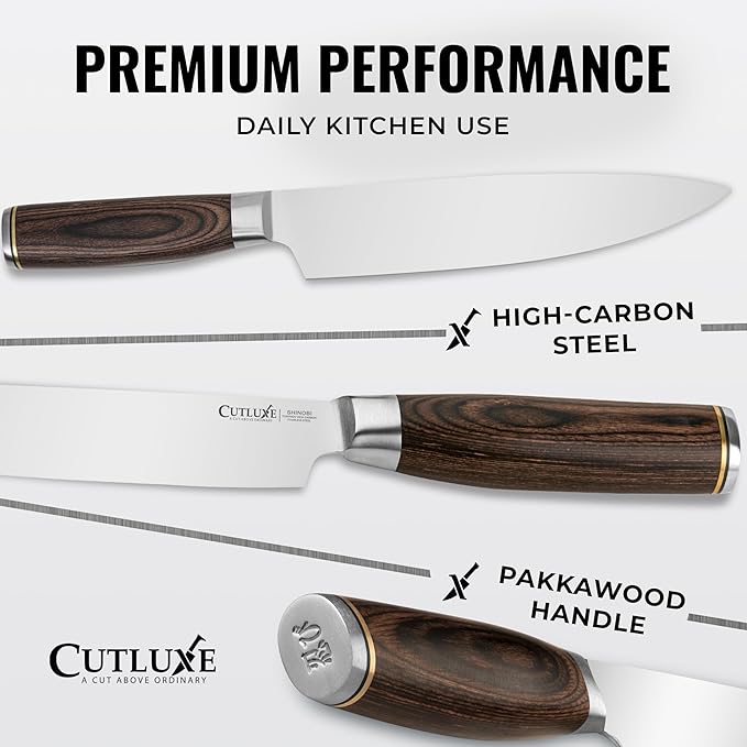 Cutluxe Chef Knife ??Ultra Sharp 8" Japanese Kitchen Knife, High Carbon Stainless Steel Blade, Full Tang Pakkawood Handle ??Shinobi Series