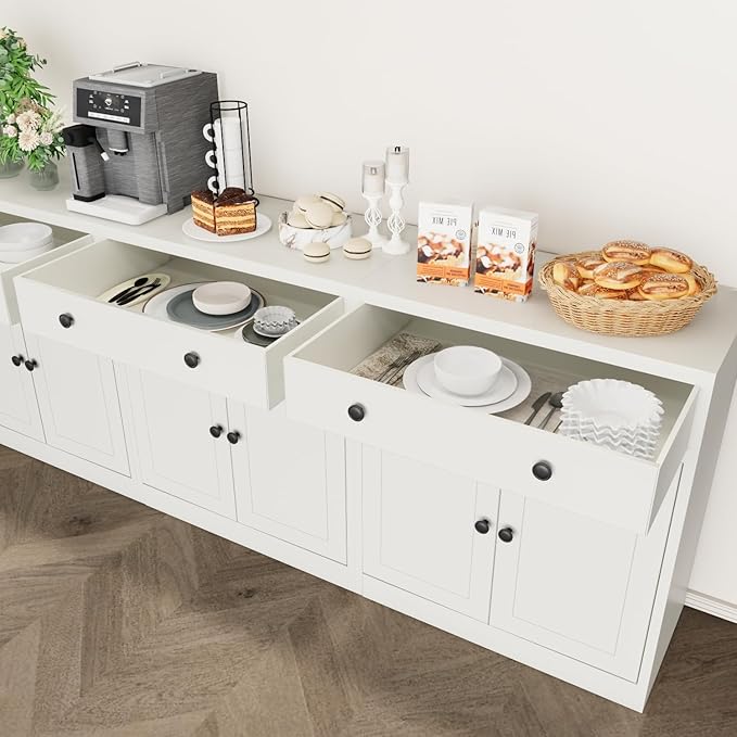 CJF Metal Buffet Cabinet, Coffee Bar Cabinet with Drawer & Adjustable Shelf, Sideboard Cabinets for Kitchen, Coffee Bar, Bathroom, Entryway, Home Office, Pantry-White