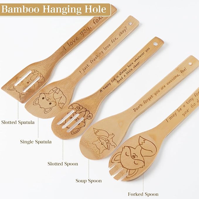 5PCS Fox Wooden Cooking Spoons Kitchen Decor Fox Gifts for Women Men Fox Lovers Birthday Gifts Party Favors Housewarming Wedding Bamboo Cooking Spoons for Everyday Use