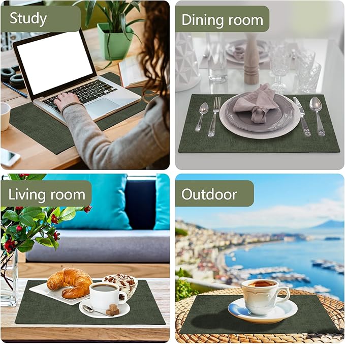 JUCCWARM Faux Leather Placemats Set of 6,Heat Resistant Placemats for Dining Table, Easy Clean Non-Slip Place Mats, Waterproof Stain Resistant Wipeable Washable PU Table Mats, (Dark Green)