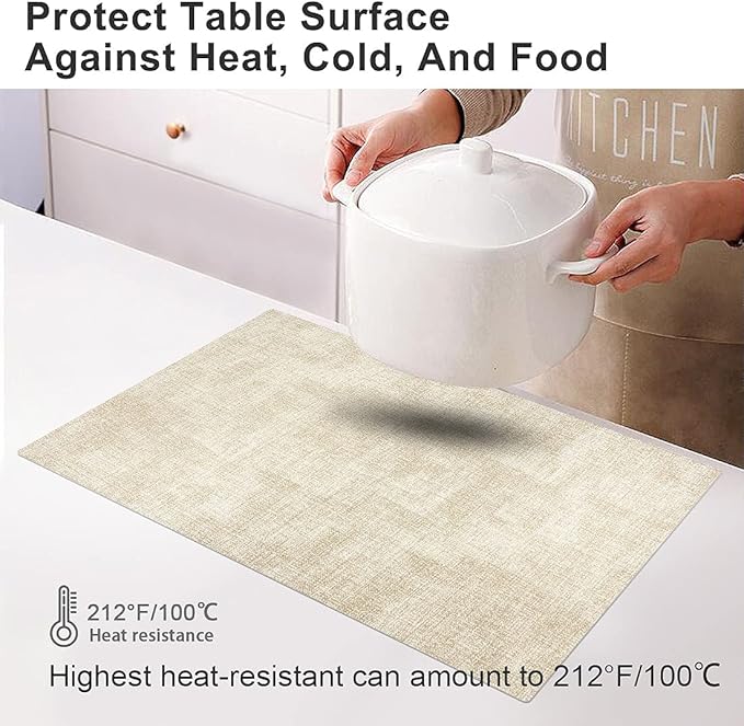LANDVIEW Leather Heat Resistant Placemats Set of 6 Waterproof Wipeable Washable PU Table Mats,Easy to Clean Anti-Slip Place Mats (Beige, 6)