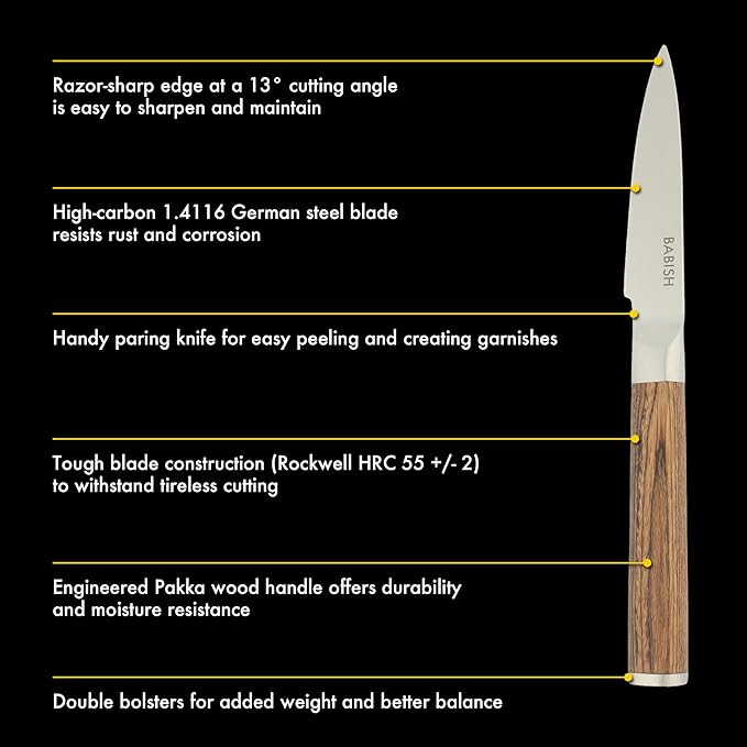 Babish German 1.4116 Stainless Steel Paring Knife with Dark Pakka Wood Handle ??3.5-Inch Precision Kitchen Knife for Peeling, Trimming & Prep Work, Full-Tang Blade