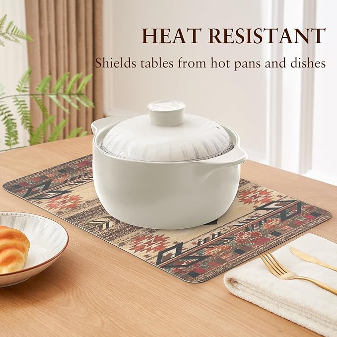 QIYI Placemats Set of 6, 12x18 Inch PU Leather Place Mats for Kitchen Dinning, Heat Resistant Anti Slip Brown Table Mats, Waterproof Wipeable Washable Placemat Party Table D챕cor, Geometric Motifs