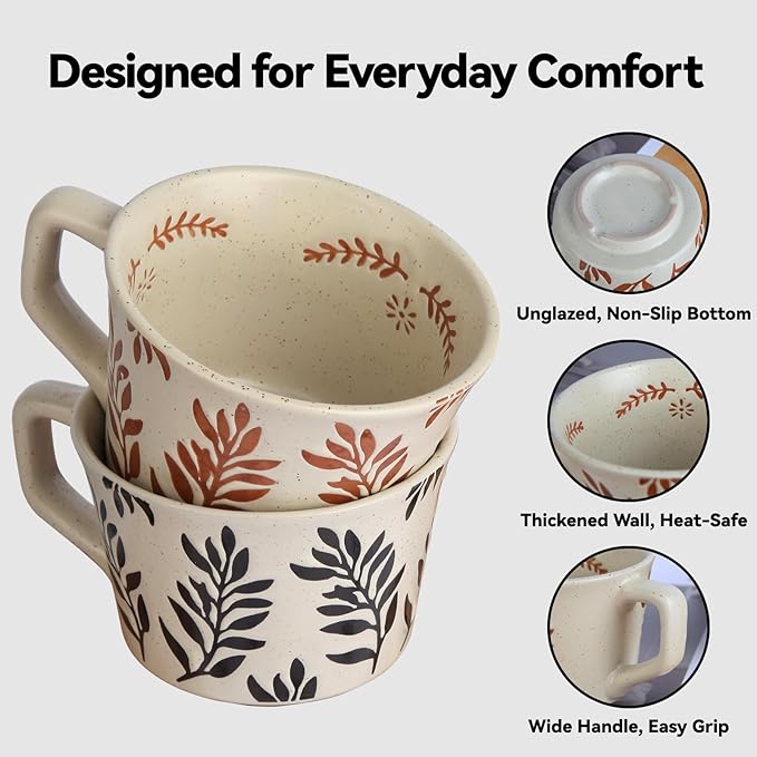 Ceramic Coffee Mugs Set, 12 oz Vintage Tea Cups with Handle for Latte, Cappuccino, Espresso, Mocha, Hot Tea, Dishwasher & Microwave Safe for Families and Couples Gifts竊늆et of 2 Bean Leaves
