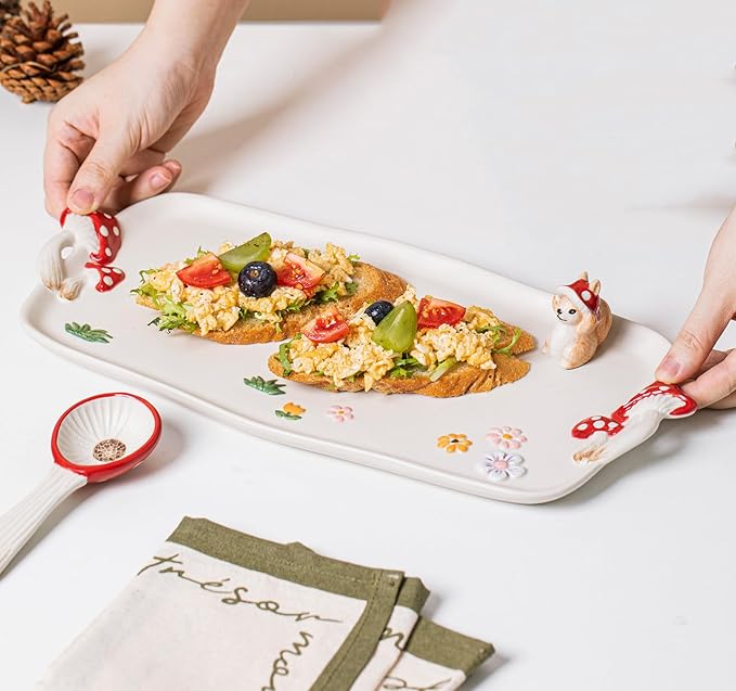 Mushroom Ceramic Tray, Rectangle 14 in Double Handle Dessert Appetizer Baking Dishes, Cute Steak Dinner Plates, Decorative Plate with Cute Squirrels. Novel Christmas Cutlery Gifts.