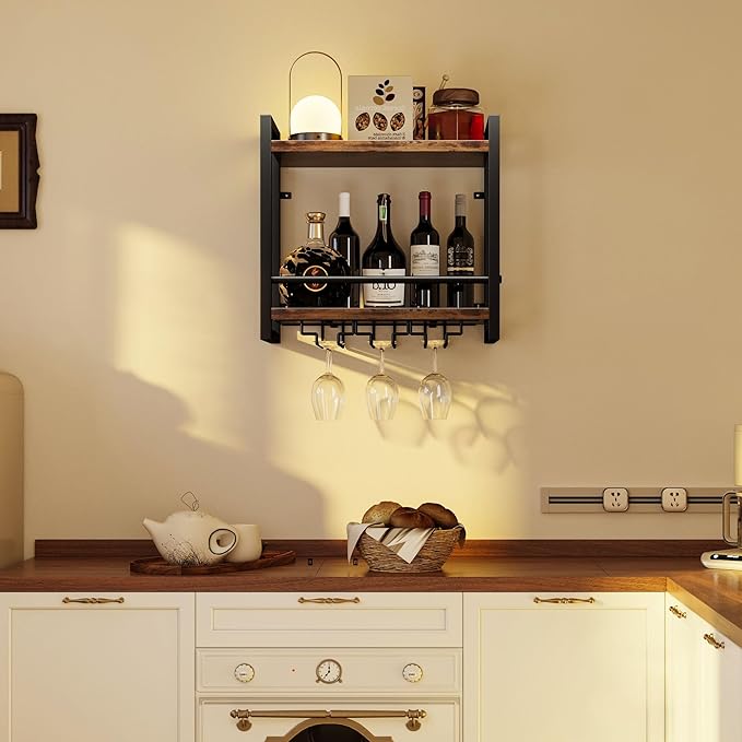 Homeiju Wall Mounted Wine Rack, Bottle & Glass Holder Wood-Metal Retro Wine Rack, Wine Bottles Display Wall Storage for Kitchen Dining Room Home Bar