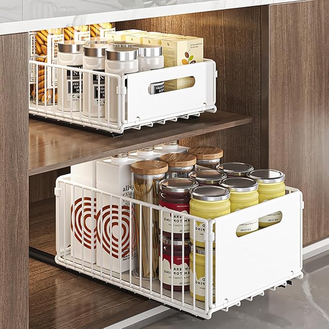 Pull Out Cabinet Organizer Slide Out Drawer Storage Shelves Cupboard Organiser Sliding Cabinet Basket for Kitchen No Drilling and Nailing (White, 2Piece 9.8" W X 15" D X 3.9" H)