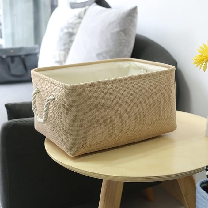 TheWarmHome Decorative Basket Rectangular Small Storage Basket Fabric Storage Bin Organizer Basket with Handles for Clothes Storage (Beige, 11.8L횞7.9W횞5.2H inch)