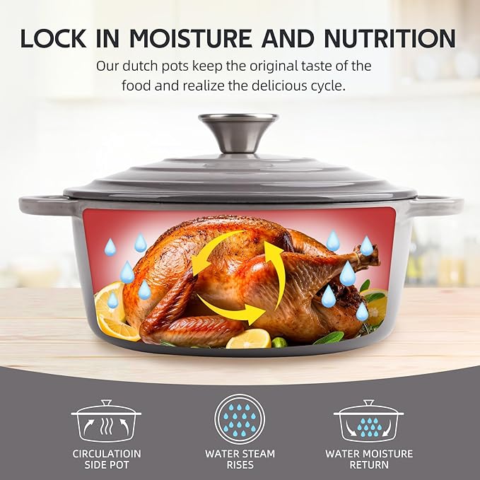 4.5 Quart Dutch Oven Enameled Cast Iron with Lid - Big Dual Handles - Oven Safe up to 500째F - Classic Round Pot for Versatile Cooking Light Gray