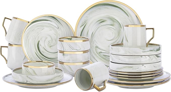 20 Piece Plates and Bowls Sets, Fine China Artisan Marbled Dinner Set for 4, Dishwahser Safe, Scratch Resistant, Green with Gold Line