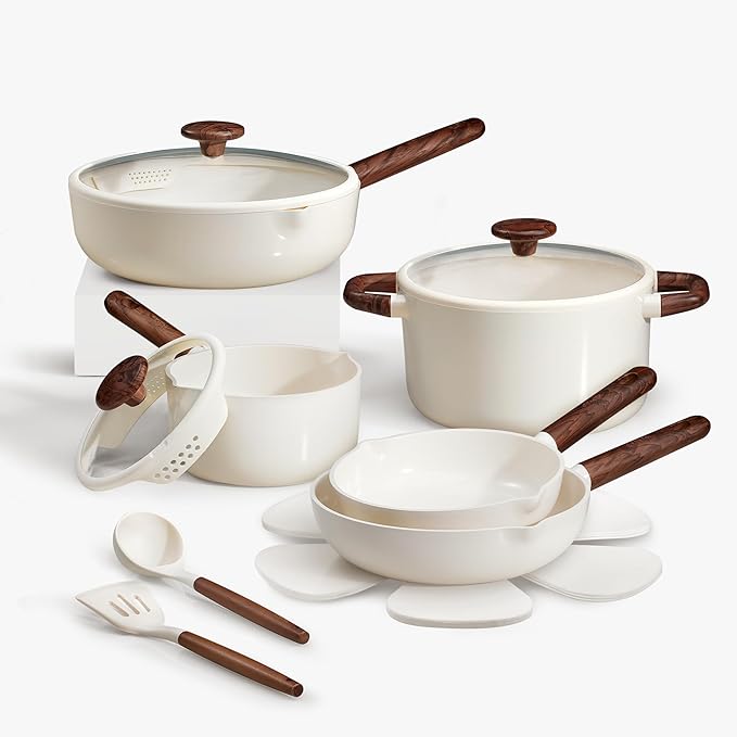 CAROTE Ceramic Cookware Sets, Pots and Pans Set Non stick, Non Toxic Healthy Induction Cookware, 14 Pcs Nonstick Kitchen Pots and Pans Set, PFAS PTFE Free, Dishwasher Safe