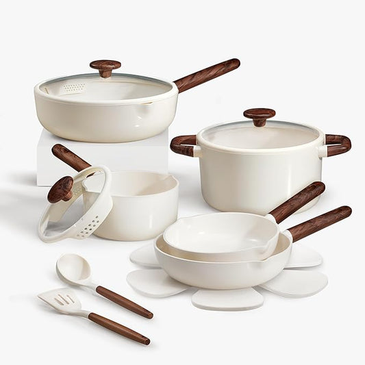 CAROTE Ceramic Cookware Sets, Pots and Pans Set Non stick, Non Toxic Healthy Induction Cookware, 14 Pcs Nonstick Kitchen Pots and Pans Set, PFAS PTFE Free, Dishwasher Safe