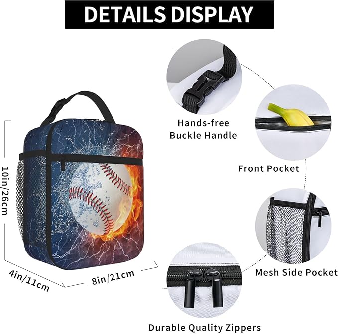 YIJIUWKIS Sports-Themed Baseball Lunch Box for Boys Girls Kids Teens Adults Reusable Insulated Lunch Bag with Fire & Water Printed Ice Packs Containers Tote Handbag