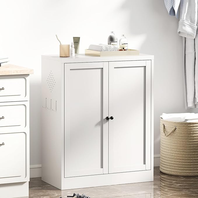 White Steel Pantry Cabinet with 2 Adjustable Shelves, Metal Storage Cabinets for Kitchen, Living Room, Bathroom, Heavy Duty Freestanding Utility Cabinet, Assembly Require