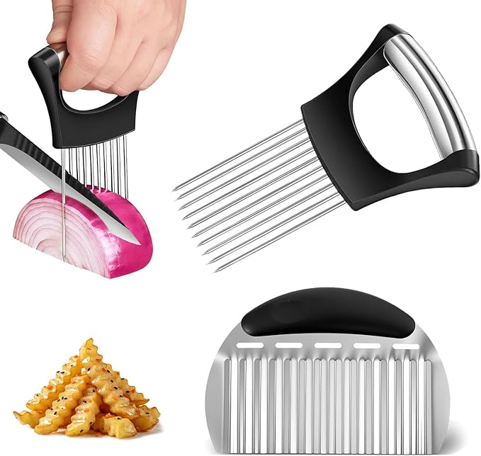 Onion Holder for Slicing & Crinkle Cutter Knife, Stainless Steel Onion Slicer Holder French Fry Cutter,Kitchen Gadgets, Multi-Use Chopper with Handle for Lemon Onions Tomatoes Avocados Potatoes
