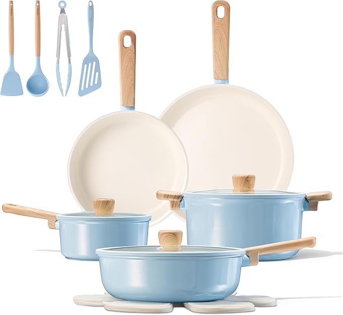CAROTE 16pcs Ceramic Cookware Set, Pots and Pans Non Stick Kitchen Cookware Sets, Pots and Pans Set Cooking Set with Knife Set