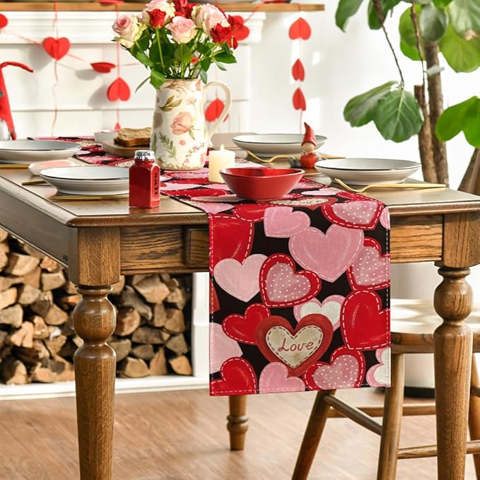 Artoid Mode Black Pink Love Heart Valentine's Table Runner, Seasonal Anniversary Kitchen Dining Table Decoration for Home Party Decor 13x60 Inch