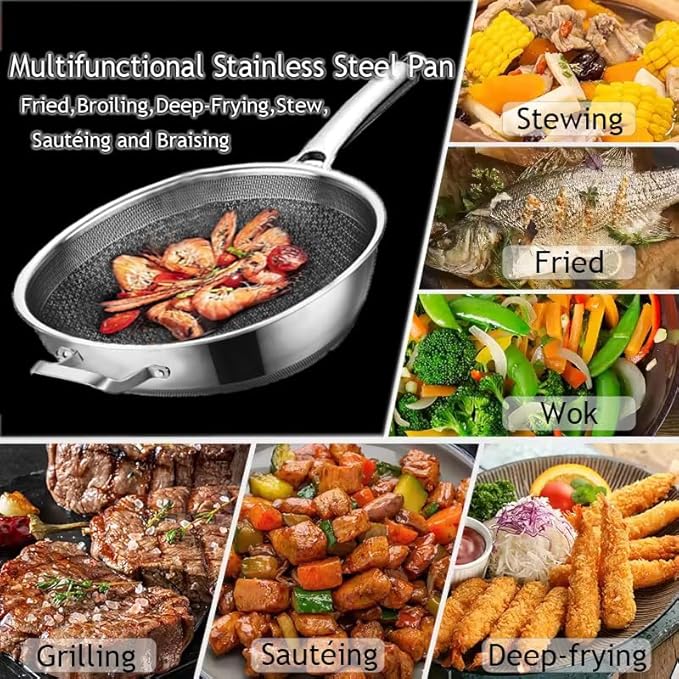 Wok Pan,Hybrid Nonstick 14 Inch Wok with Lid,Induction Non Stick Stainless Steel Large Deep Woks&Stir-Fry Pans,Stay-Cool Handle Skillets,PFOA Free Cookware