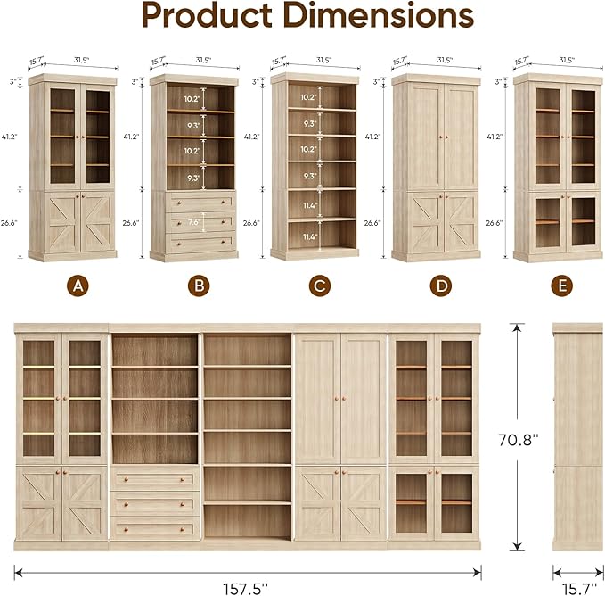 70.8" Bookshelf with Glass Doors, Farmhouse Modular Bookcase with 6-Tier Adjustable Shelves, Large Storage Cabinet for Living Room & Home Office, Brown