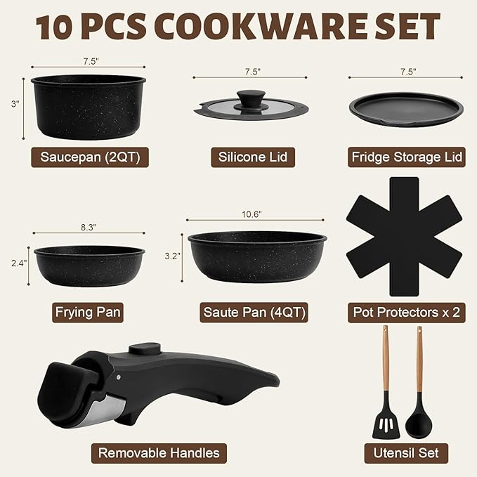 Numola 10 pcs Pots and Pan Set Non Stick with Detachable Handle, Ceramic Cookware Set for Stackable, Induction Kitchen Cookware Set for RV, Dishwasher 竊?Oven Safe, Black