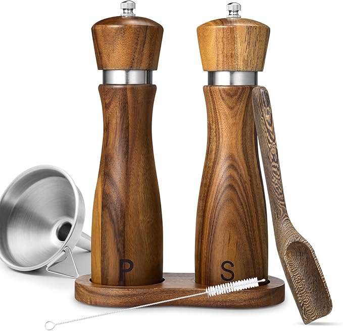 2 Pack Acacia Wood Salt and Pepper Grinder Set ??8??Manual Mills with Adjustable Ceramic Core, Stainless Steel, Tray, Spoon, Brush & Funnel ??Rustic Wooden Gift Set for Kitchen or Table